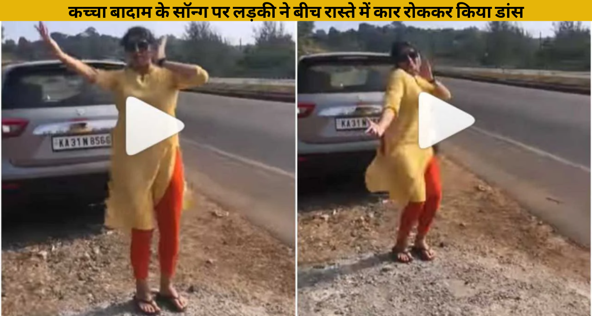 The girl danced on the song of raw almonds by stopping the car in the middle of the way.