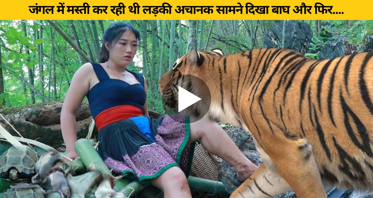 The girl was having fun in the forest suddenly a tiger appeared in front and then