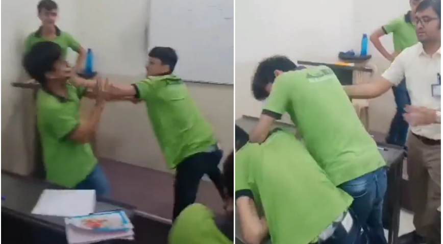 two-students-started-kicking-and-punching-fiercely-in-the-class-suddenly-the-teacher-came-and-grabbed-the-neck-and-then