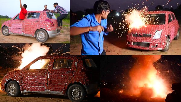 शख्स ने कार को पटाखों से सजाकर गाड़ी में आग लगाकर उड़ाया