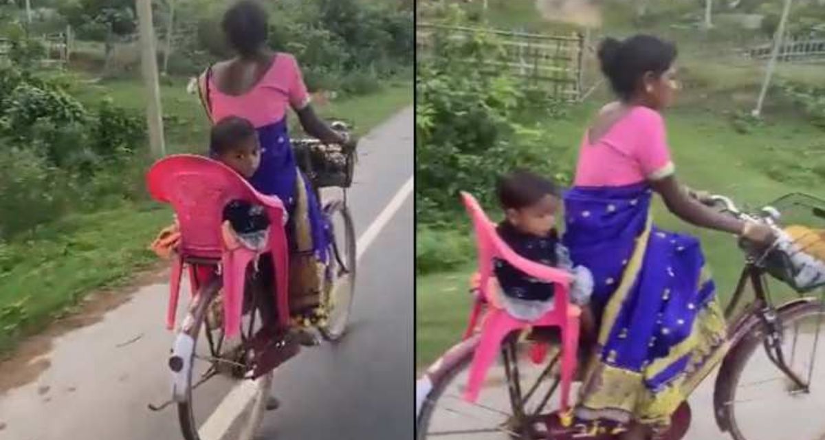 Desi Jugaad: Mother made a 'car' seat on a bicycle with jugaad, ran at high speed on the road